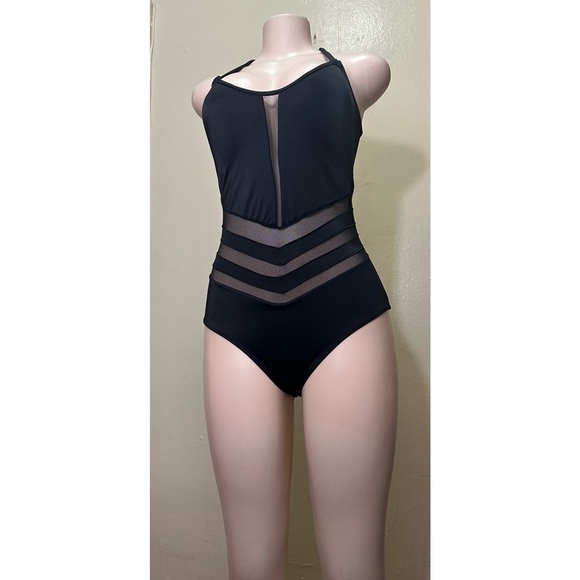 Leonisa Black One Piece Swimsuit with Sheer Mesh Panels - Picture 2 of 10